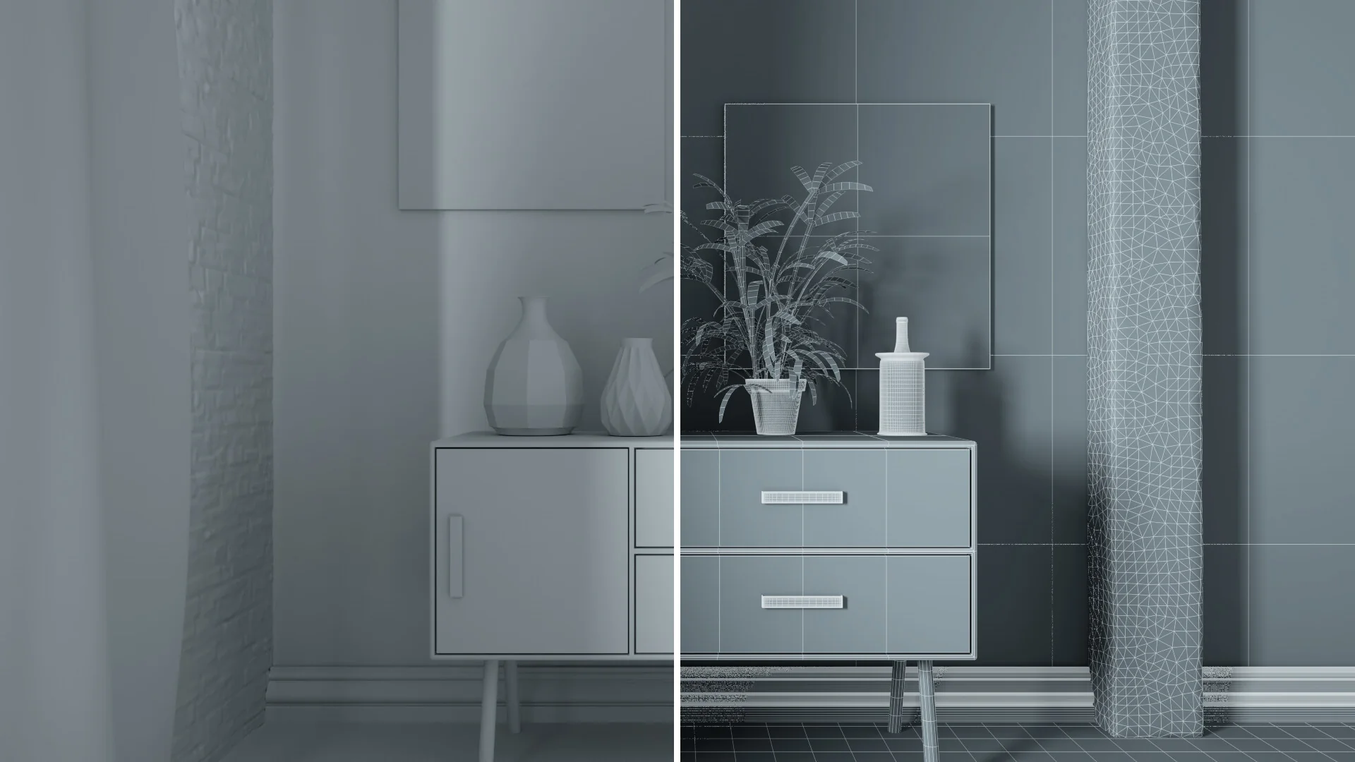 Contemporary interior design showcasing gray color palette with modern furniture and decor