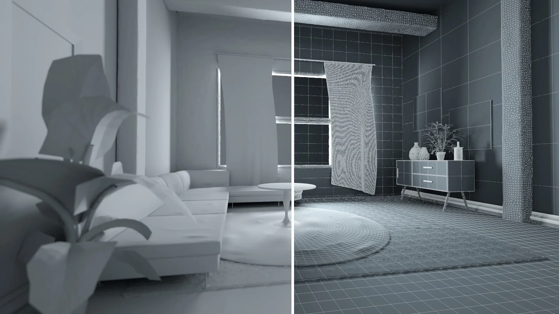 Monochrome interior design, showcasing modern furniture and textures in a contrasting wireframe style.