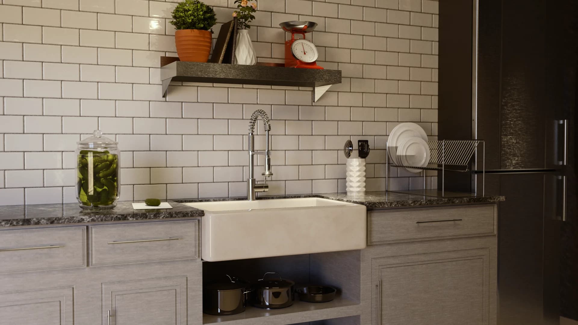 Modern kitchen with farmhouse sink, stylish decor, and pickled cucumbers in a glass jar on the countertop.