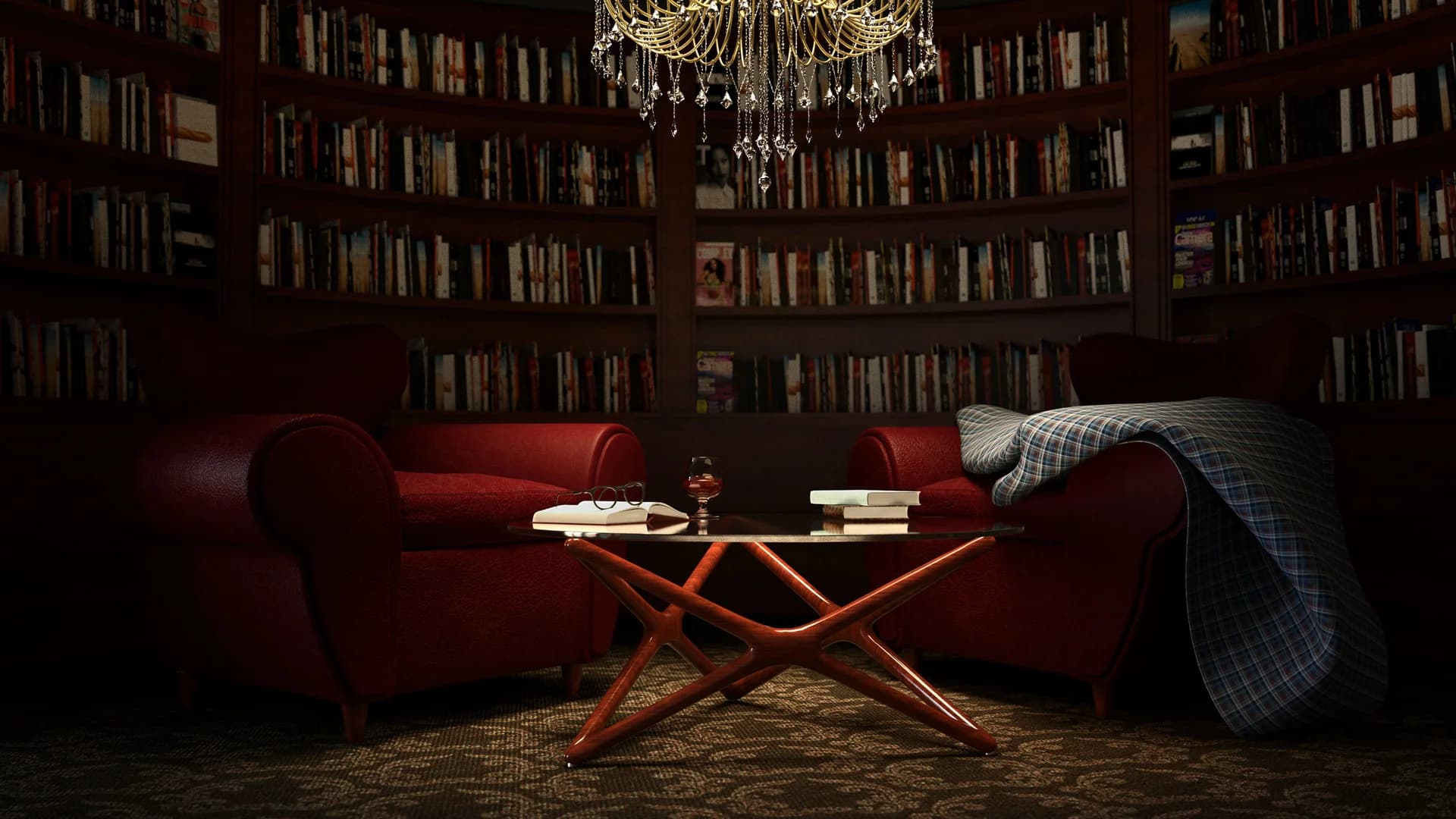 Cozy reading nook with red chairs, wooden table, books, and a chandelier in a warm, inviting library setting.