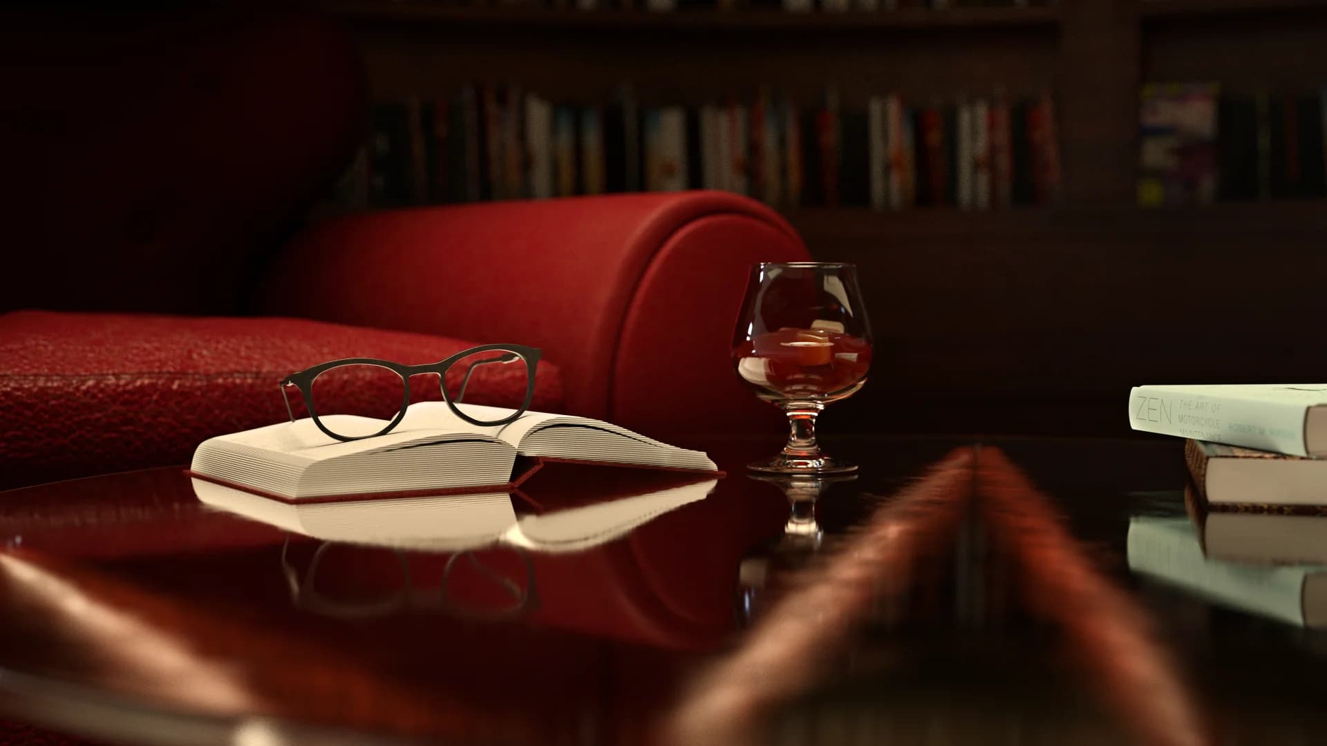 Cozy reading nook with glasses, an open book, and a glass of whiskey on a polished table.