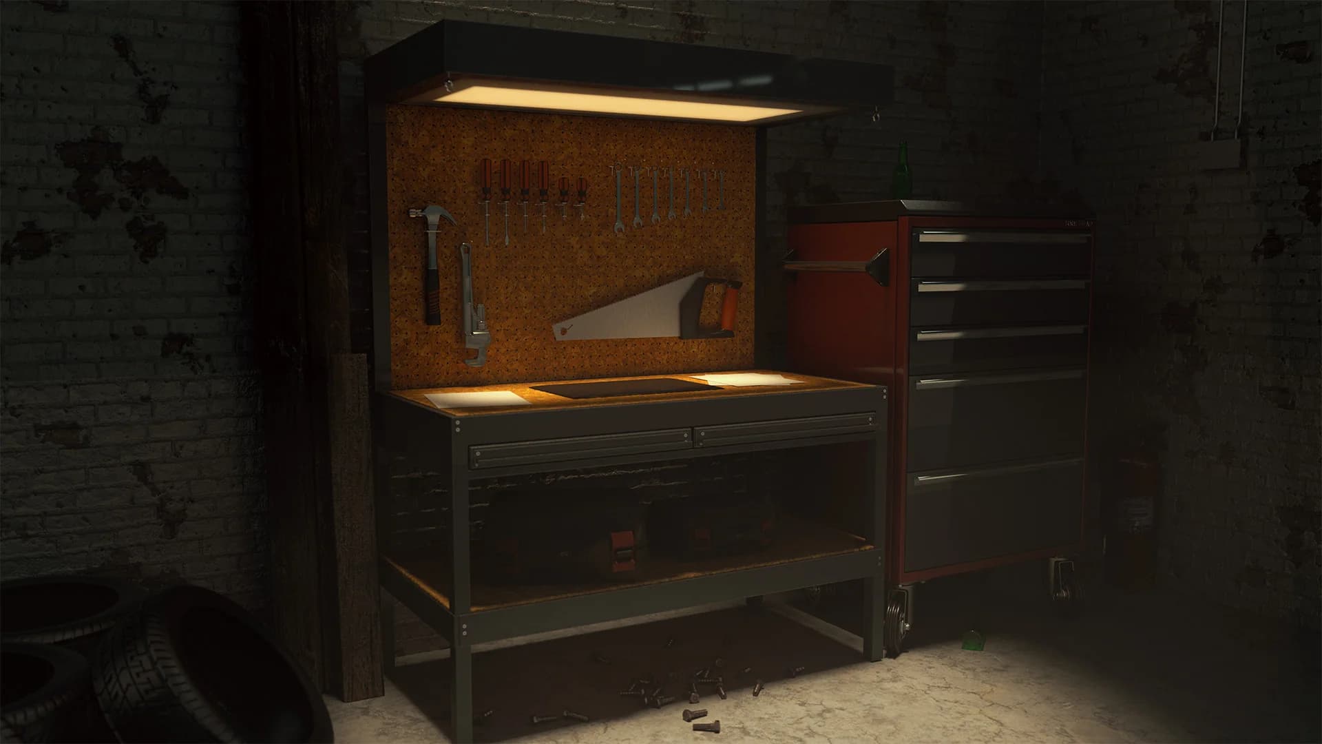 Well-lit workshop with tools and a red tool chest against a brick wall.