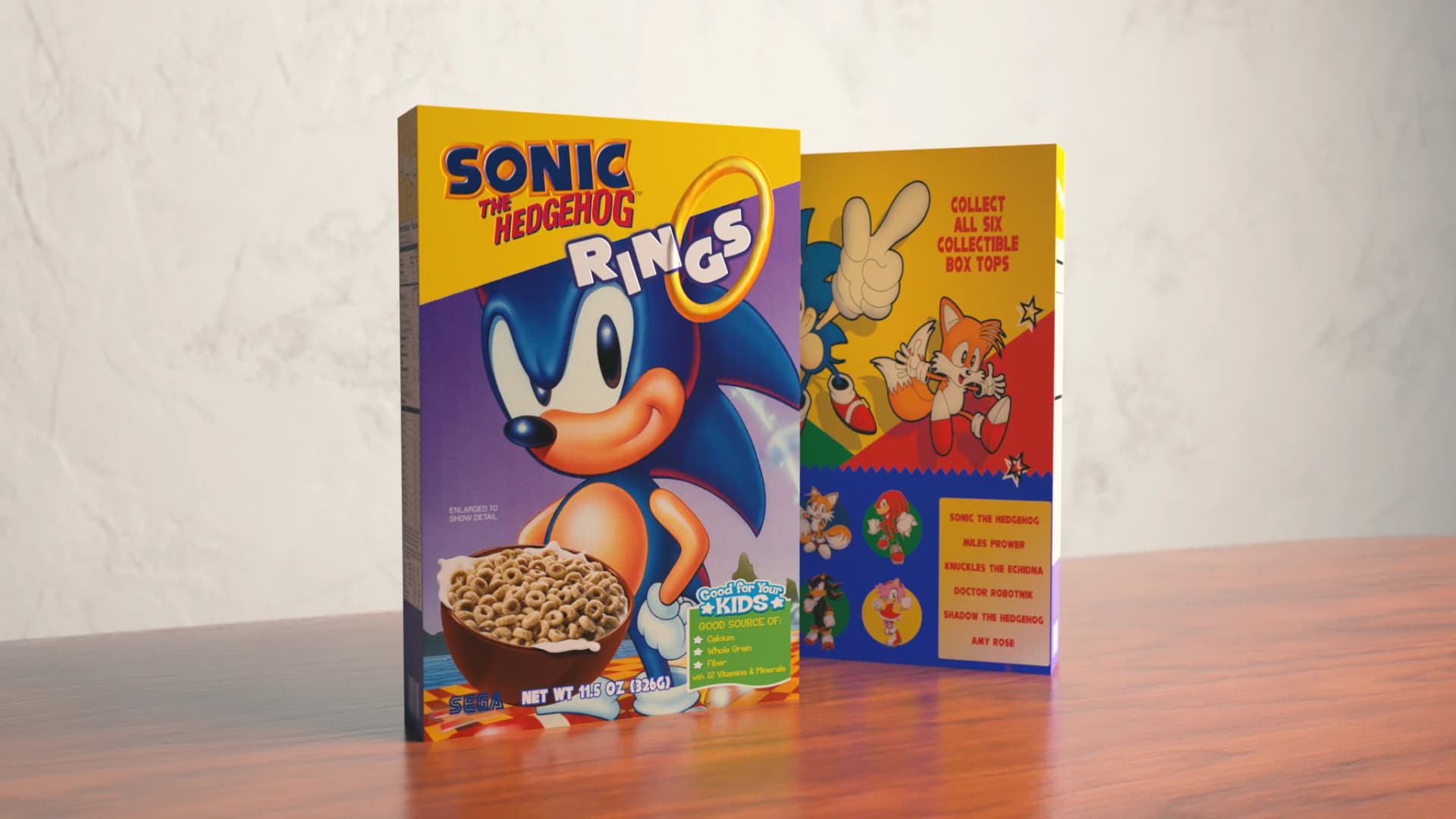 Sonic the Hedgehog Rings cereal box featuring Sonic and Tails with nutrition info and collection promo.