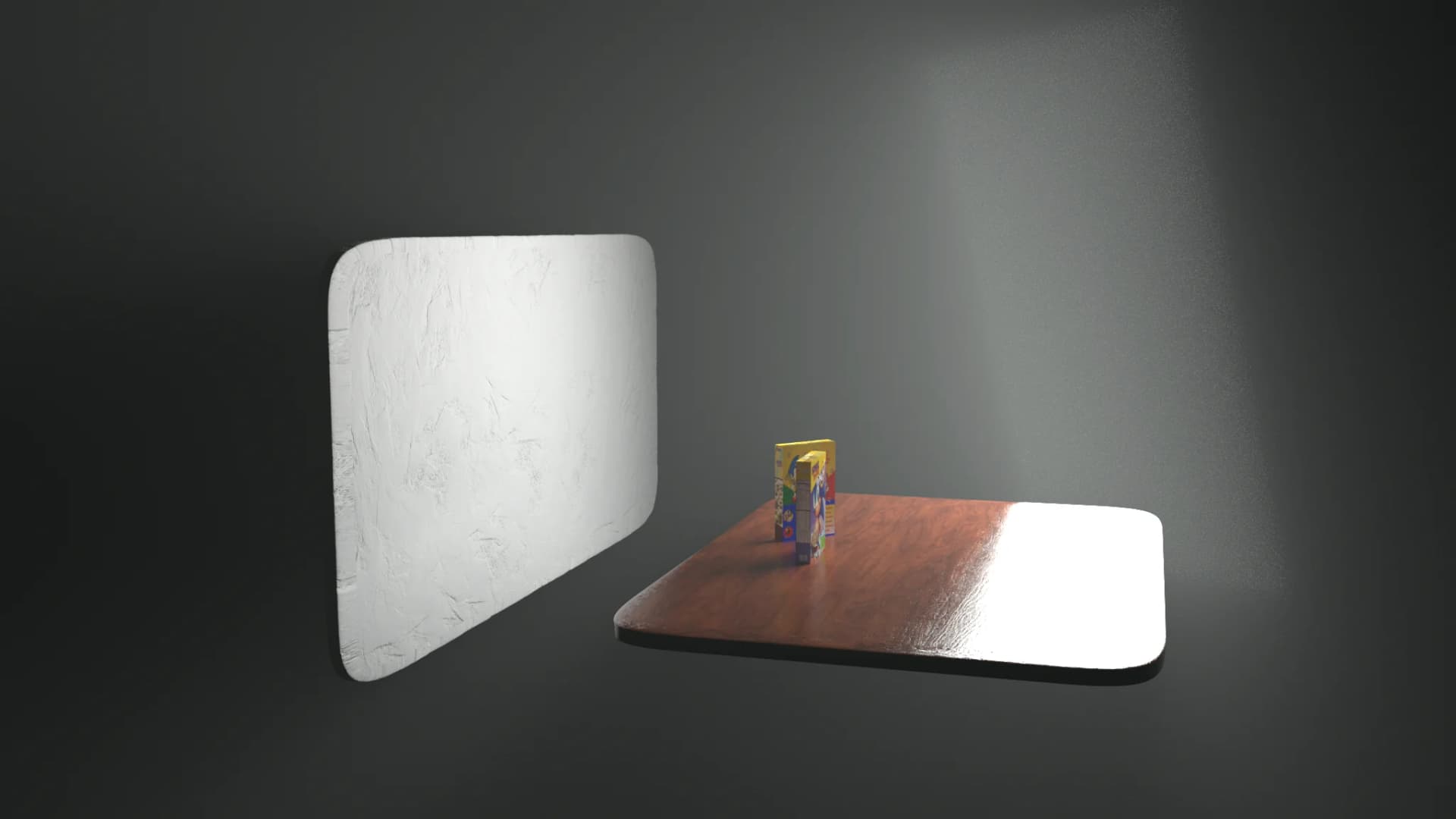 Vibrantly colored cereal packages displayed on a wooden surface against a textured white wall.