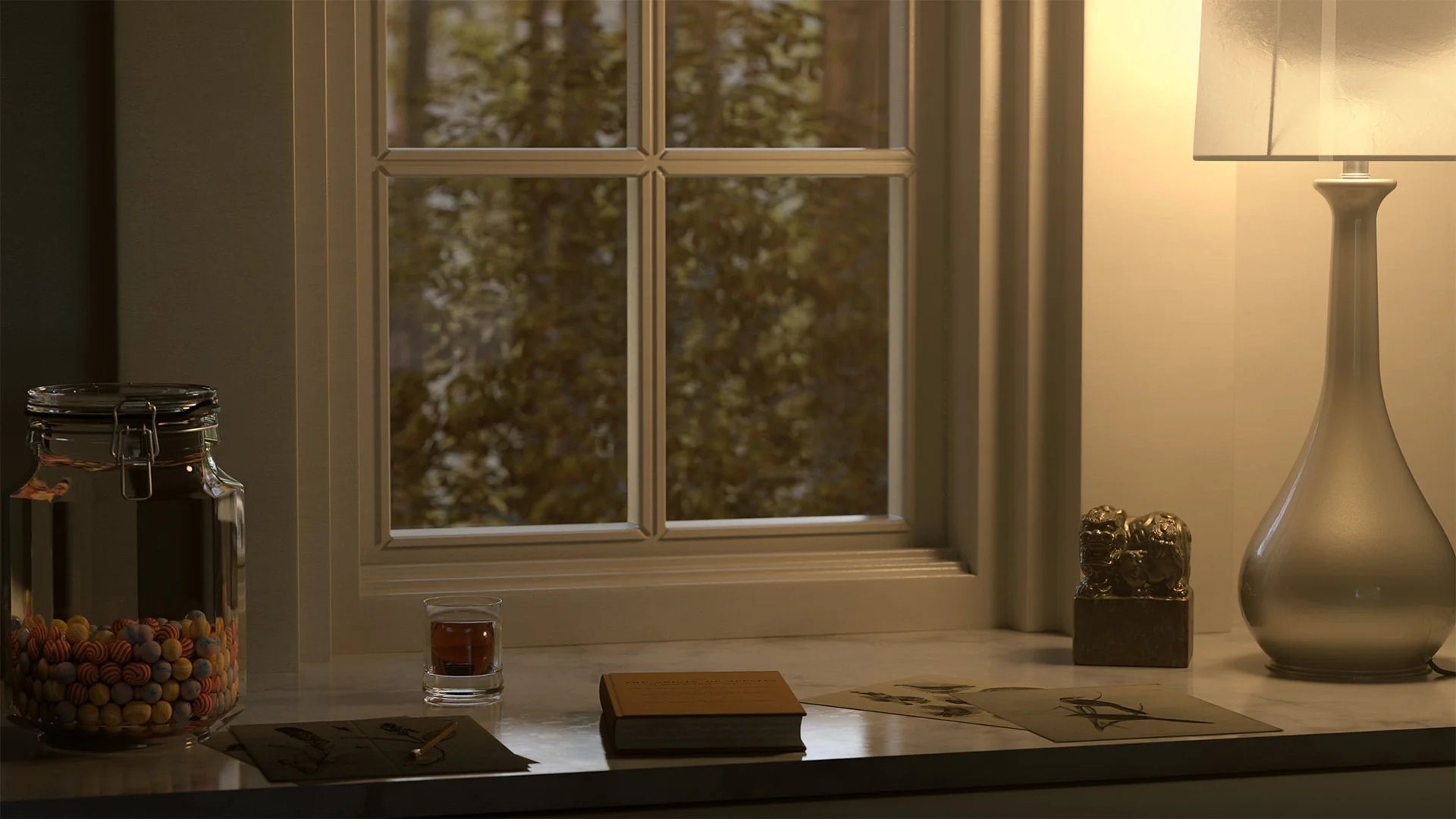 Cozy interior with a jar of colorful candies, a glass, a book, and sketches by a window.