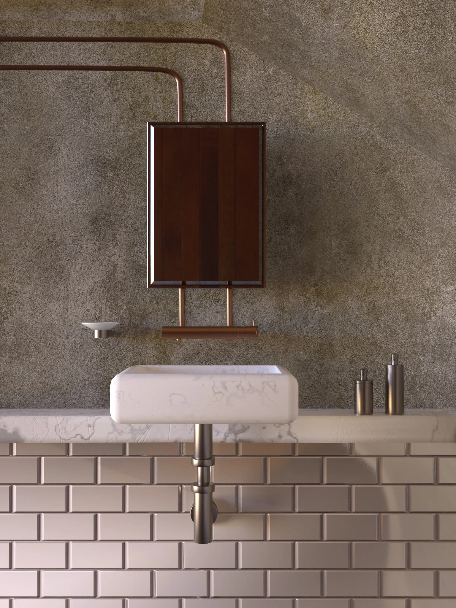 Stylish bathroom sink with bronze pipes and a modern design on a marble countertop.