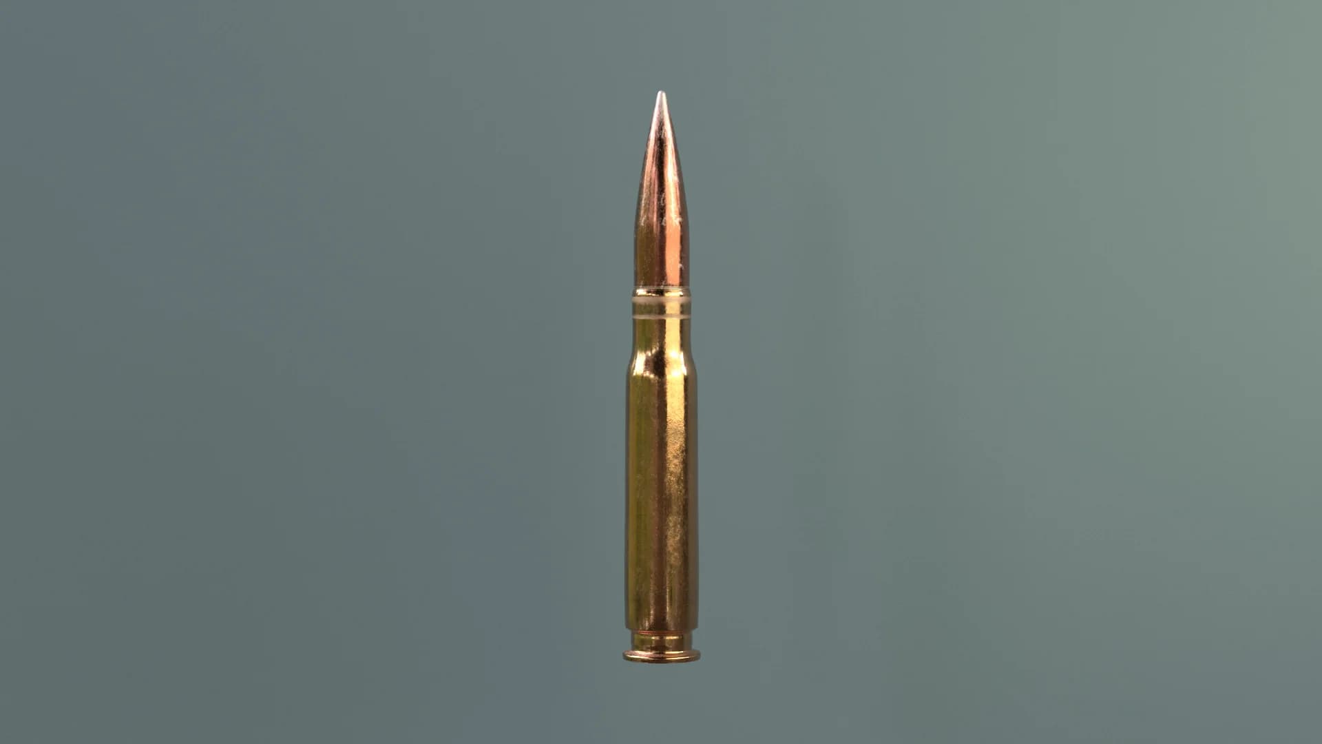 Close-up of a bullet cartridge with a copper tip against a soft blue background.