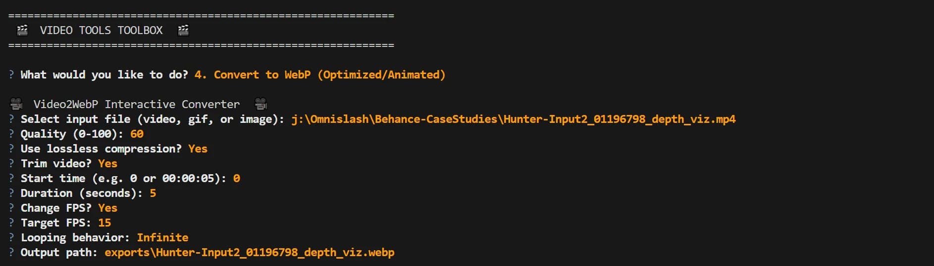 Video2WebP conversion tool interface for optimized animated video processing.