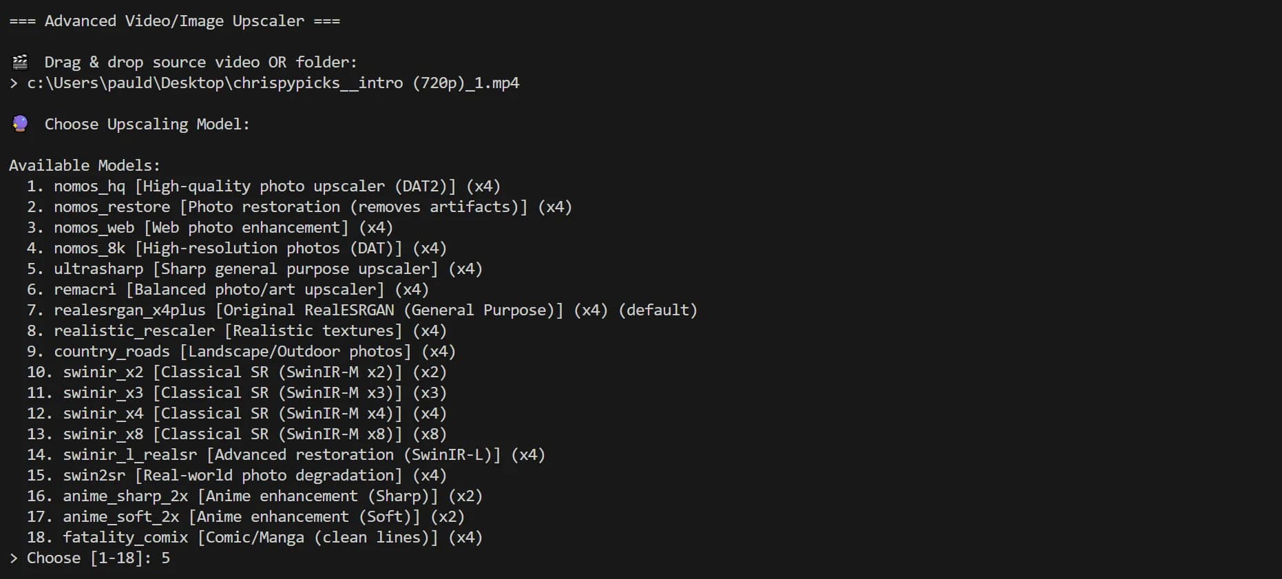 Display of advanced video and image upscaling models and their features for enhancement options.