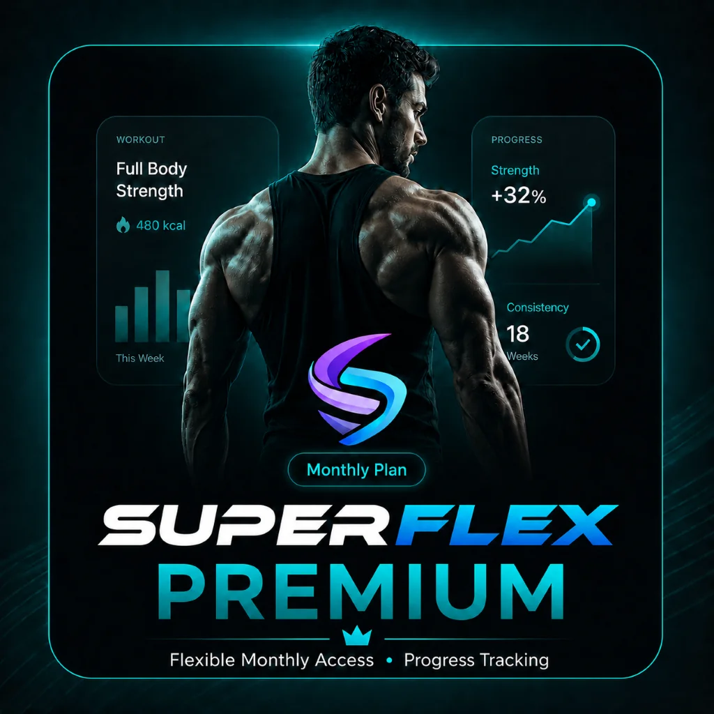 SuperFlex Premium workout progress: Full body strength, 480 kcal burned, strength up by 32%, consistency at 18 weeks.