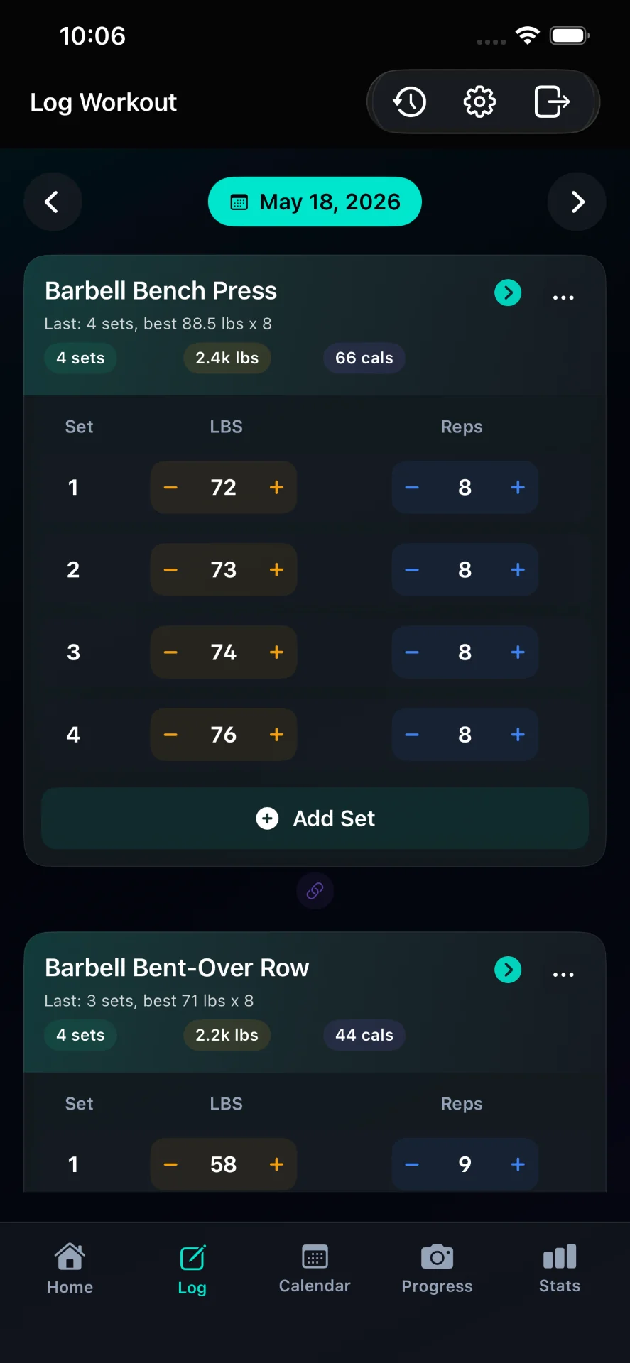 Workout log for May 18, 2026, showing barbell bench press and bent-over row details.