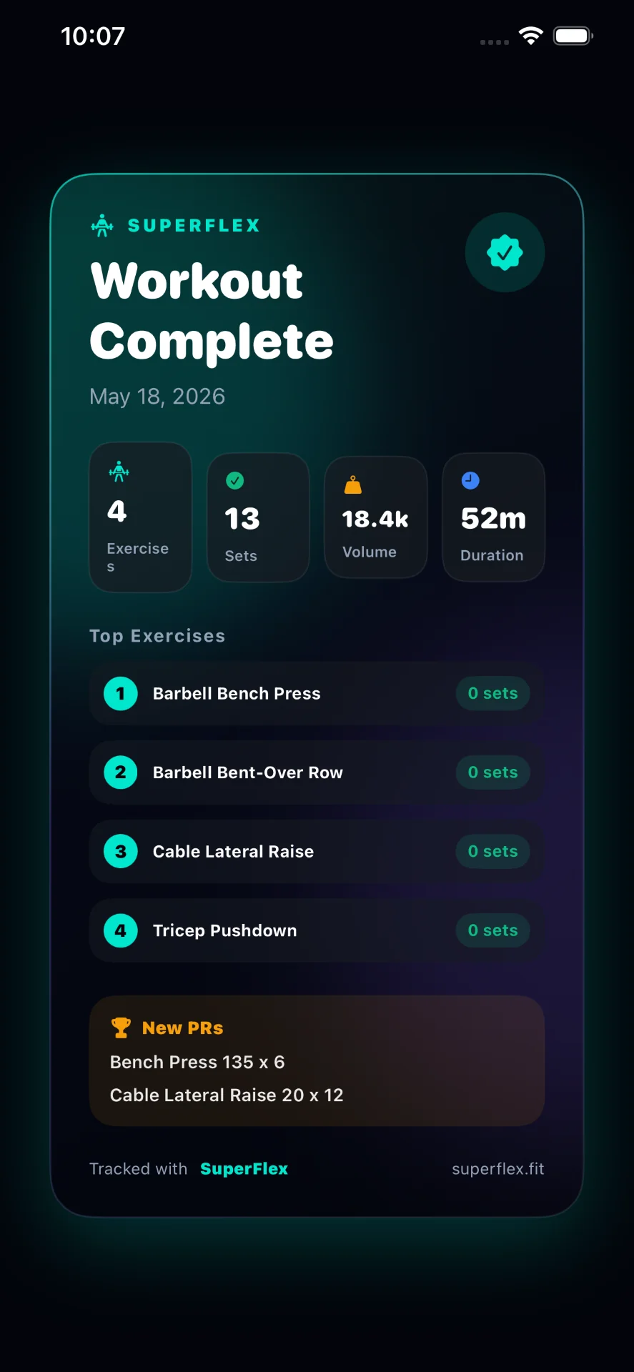 SuperFlex workout summary showing completed exercises, sets, volume, and personal records.