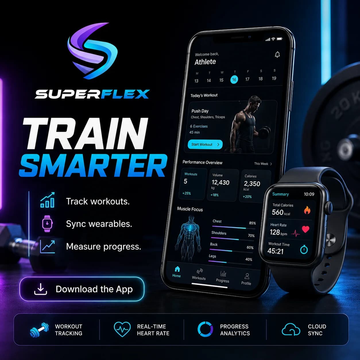 SuperFlex app promotion: Join the waitlist for workout tracking and early access on iOS.